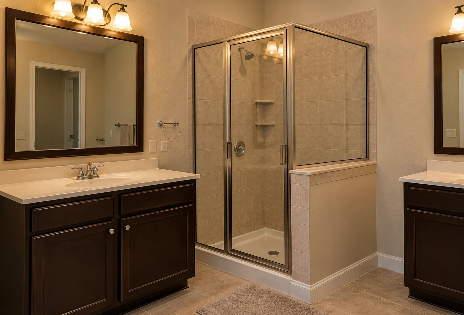 Before: warm beige bathroom with framed shower and dark wood vanities